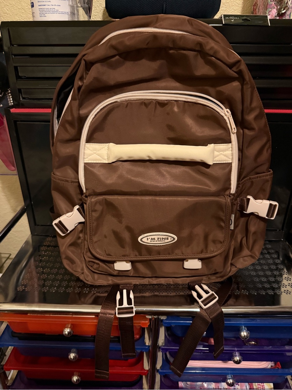 Source Unknown I'm Fine Brown Backpack with Cream Accents